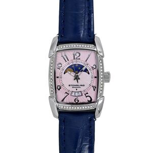 Sturhling Ladies Moonphase Watch Diamond Bezel Swiss Quartz Blue Genuine Leather